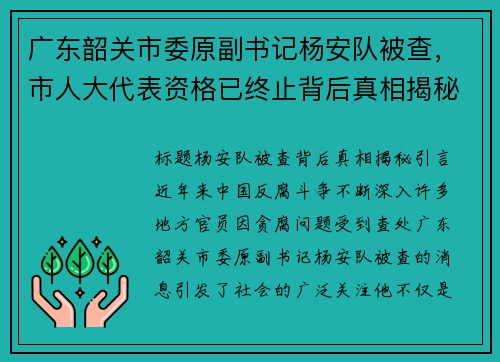 广东韶关市委原副书记杨安队被查，市人大代表资格已终止背后真相揭秘